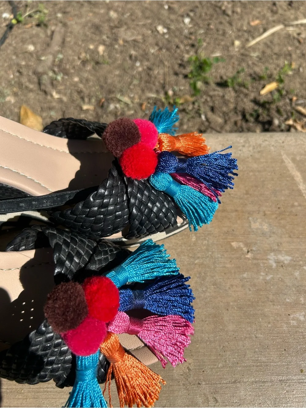 Kate Spade Black Woven Espadrille Wedge Sandals with Multicolor Tassels